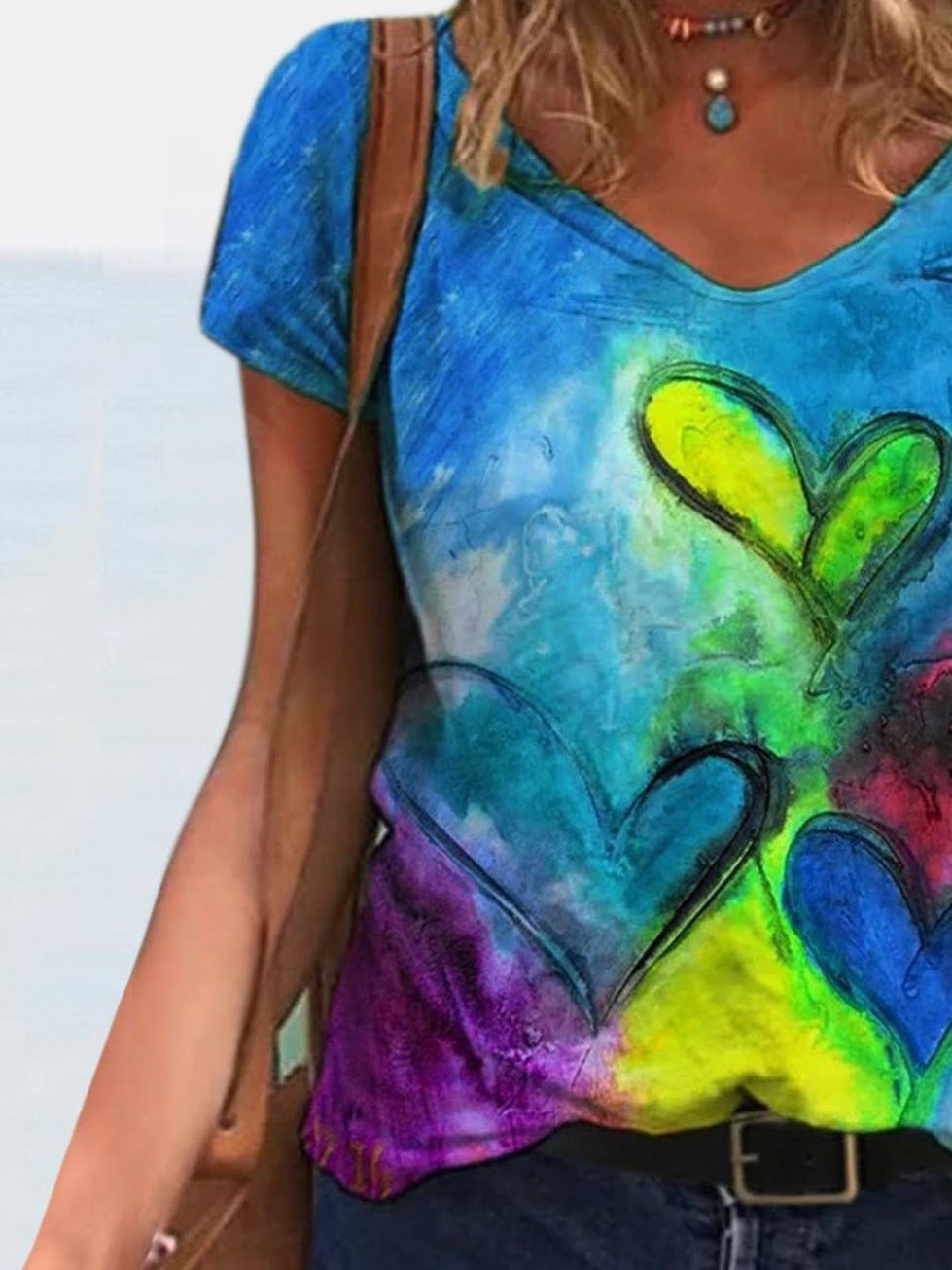 Fashion Printed V-neck Short-sleeved T-shirt - T-shirts - INS | Online Fashion Free Shipping Clothing, Dresses, Tops, Shoes - 08/06/2021 - Color_Blue - Color_Purple