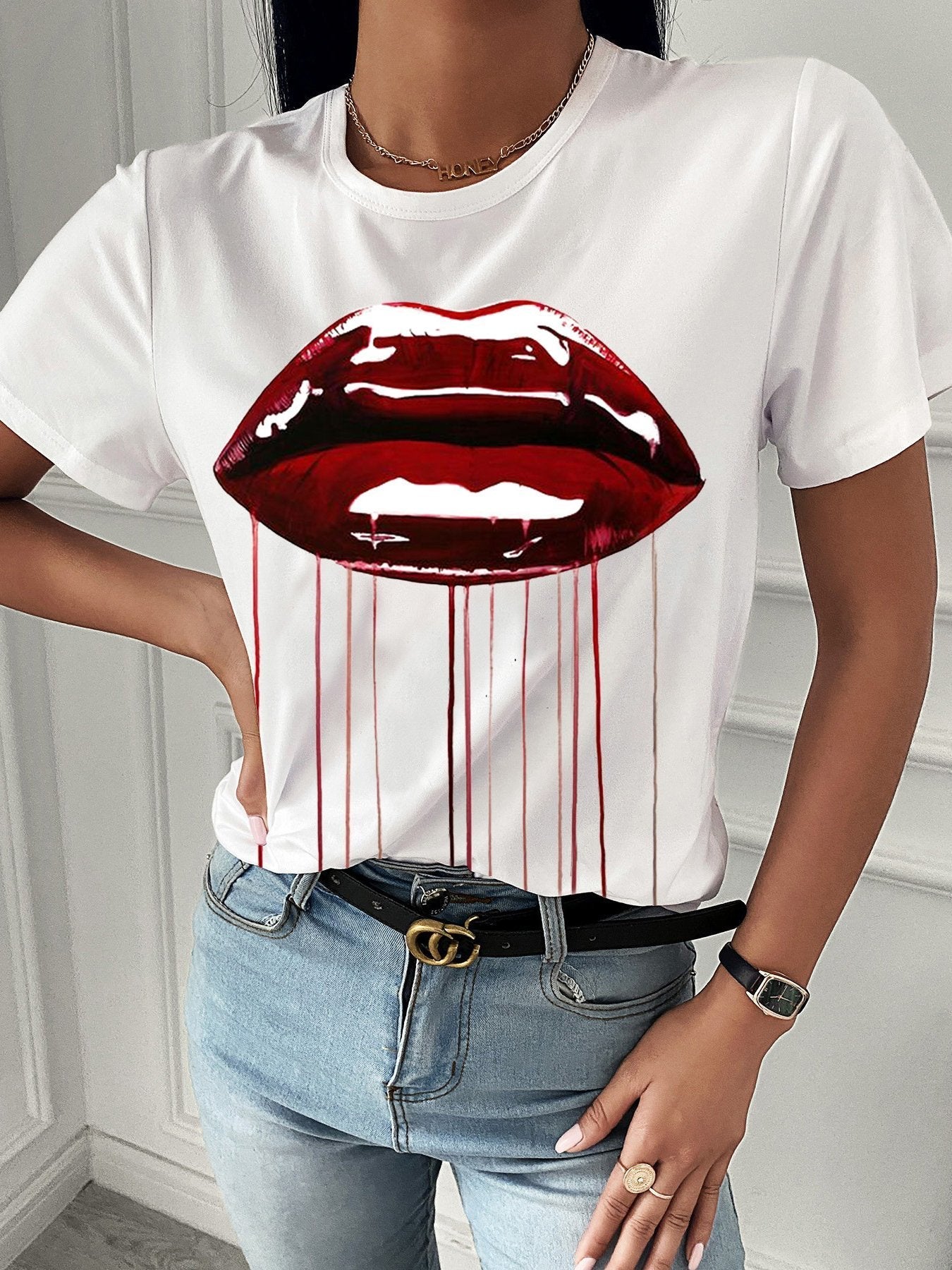 Fashion Red Lip Print Short Sleeve T-shirt - T-shirts - INS | Online Fashion Free Shipping Clothing, Dresses, Tops, Shoes - 08/07/2021 - 10-20 - color-black