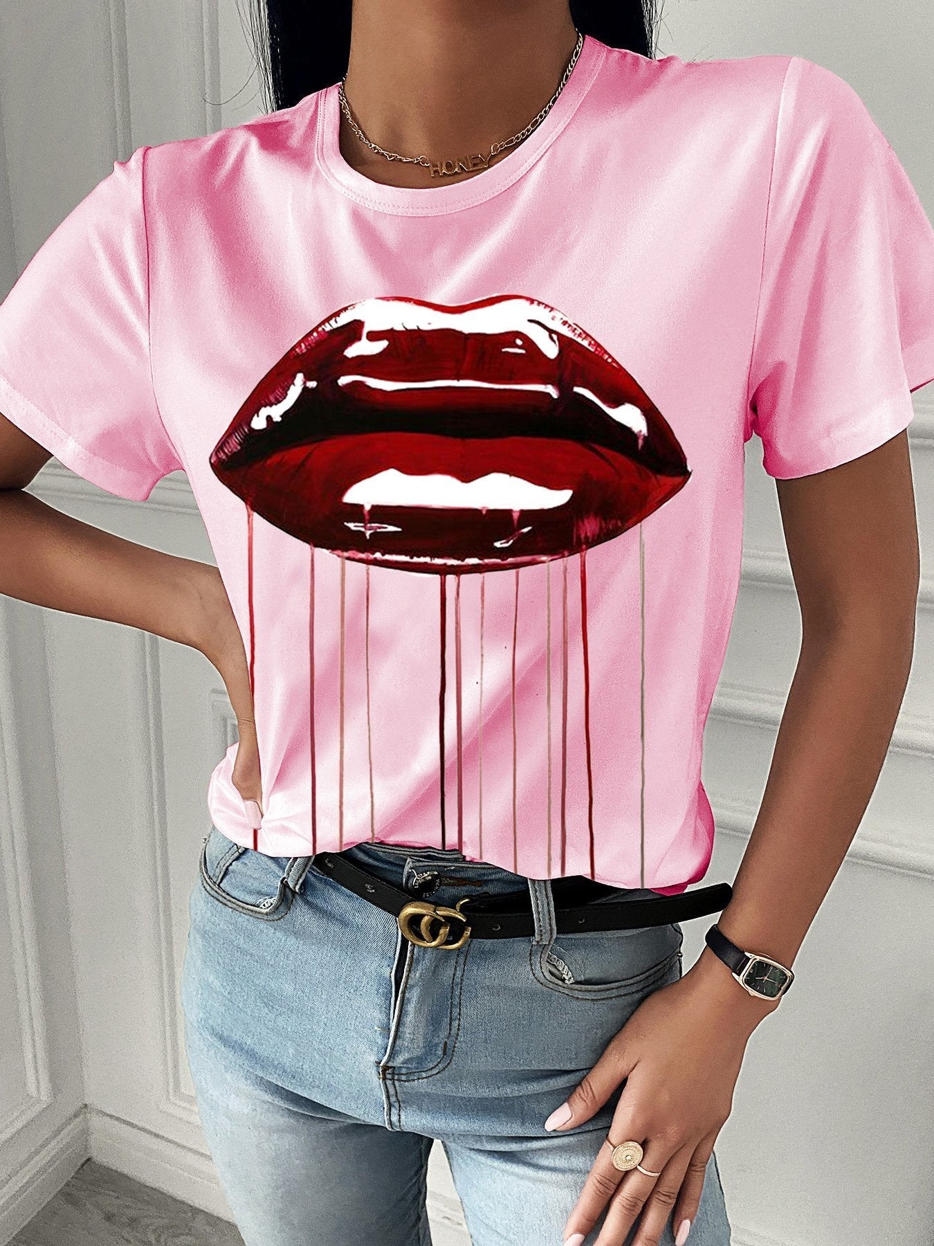 Fashion Red Lip Print Short Sleeve T-shirt - T-shirts - INS | Online Fashion Free Shipping Clothing, Dresses, Tops, Shoes - 08/07/2021 - 10-20 - color-black