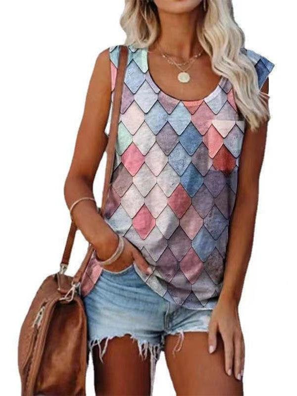 Fashion Rhombus Print Round Neck Sleeveless Top - Tank Tops - INS | Online Fashion Free Shipping Clothing, Dresses, Tops, Shoes - 08/06/2021 - Color_Apricot - Color_Black