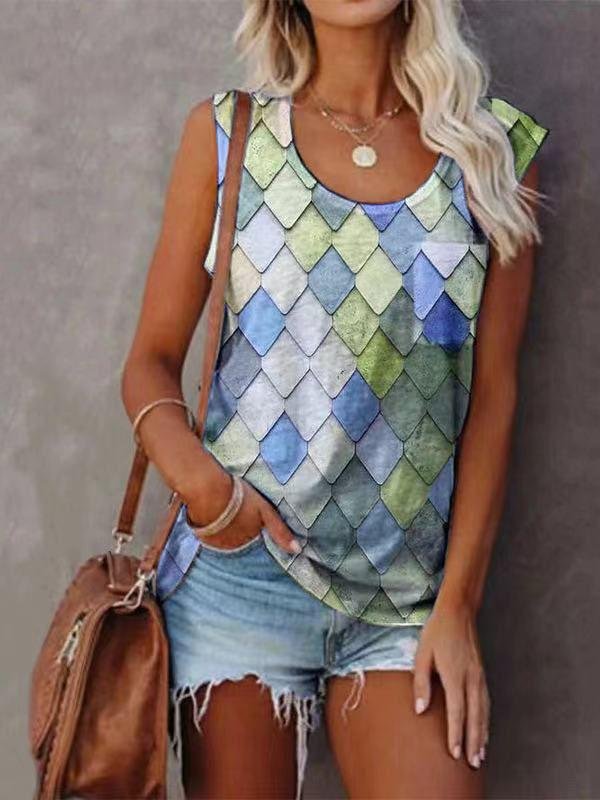Fashion Rhombus Print Round Neck Sleeveless Top - Tank Tops - INS | Online Fashion Free Shipping Clothing, Dresses, Tops, Shoes - 08/06/2021 - Color_Apricot - Color_Black