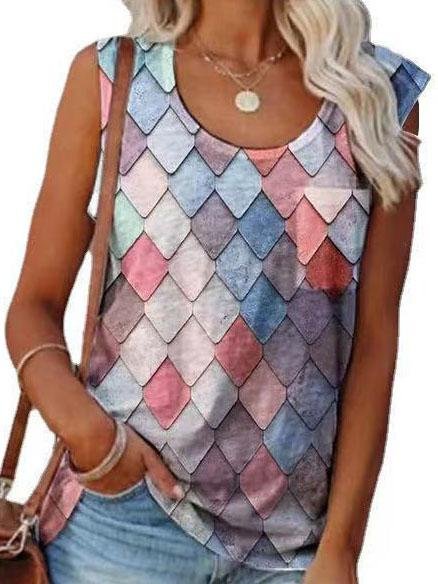Fashion Rhombus Print Round Neck Sleeveless Top - Tank Tops - INS | Online Fashion Free Shipping Clothing, Dresses, Tops, Shoes - 08/06/2021 - Color_Apricot - Color_Black
