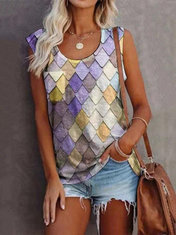 Fashion Rhombus Print Round Neck Sleeveless Top - Tank Tops - INS | Online Fashion Free Shipping Clothing, Dresses, Tops, Shoes - 08/06/2021 - Color_Apricot - Color_Black