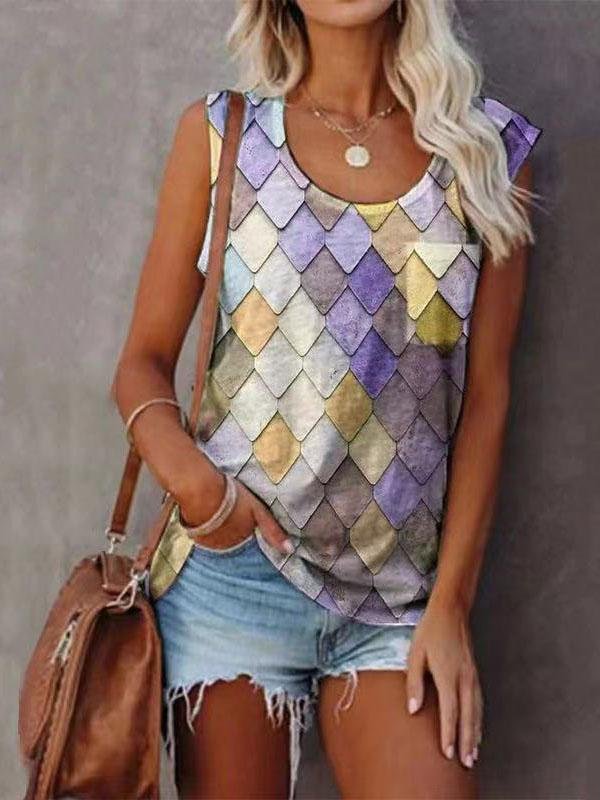 Fashion Rhombus Print Round Neck Sleeveless Top - Tank Tops - INS | Online Fashion Free Shipping Clothing, Dresses, Tops, Shoes - 08/06/2021 - Color_Apricot - Color_Black