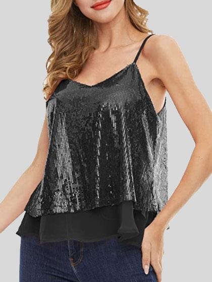 Fashion Sequined V-neck Sleeveless Vest - Tank Tops - INS | Online Fashion Free Shipping Clothing, Dresses, Tops, Shoes - 07/06/2021 - Color_Apricot - Color_Black