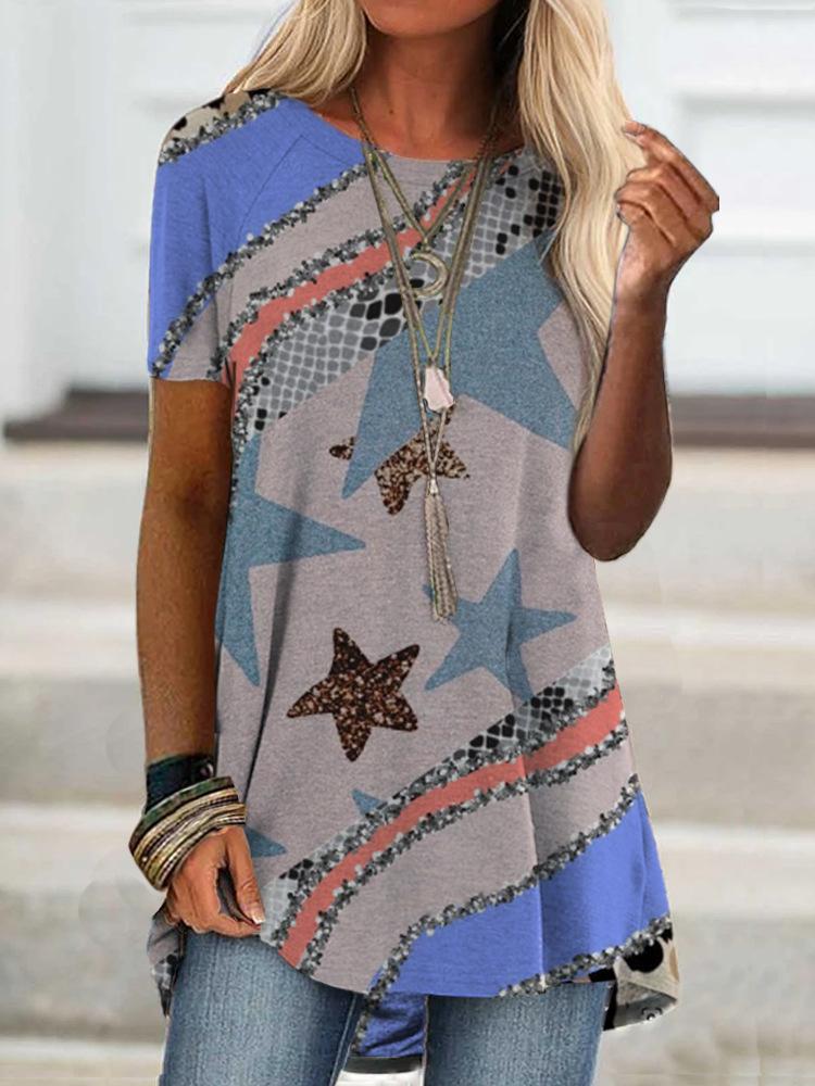 Fashion Short Sleeve Printed Round Neck T-shirt - T-shirts - INS | Online Fashion Free Shipping Clothing, Dresses, Tops, Shoes - 02/07/2021 - 10-20 - color-blue