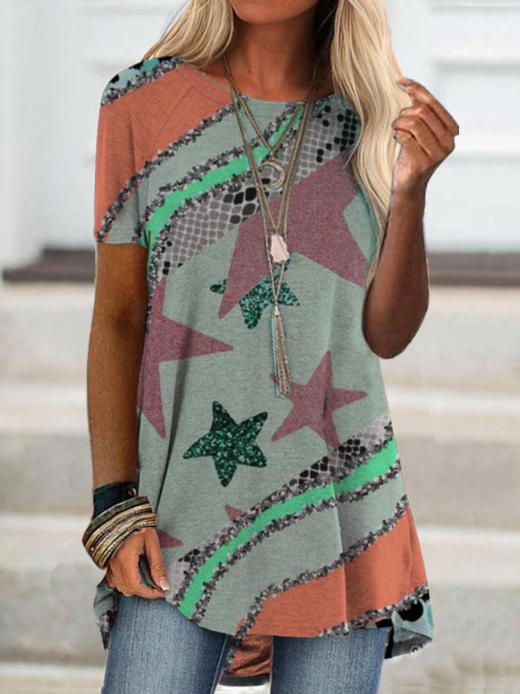 Fashion Short Sleeve Printed Round Neck T-shirt - T-shirts - INS | Online Fashion Free Shipping Clothing, Dresses, Tops, Shoes - 02/07/2021 - 10-20 - color-blue