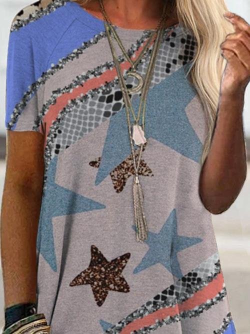 Fashion Short Sleeve Printed Round Neck T-shirt - T-shirts - INS | Online Fashion Free Shipping Clothing, Dresses, Tops, Shoes - 02/07/2021 - 10-20 - color-blue