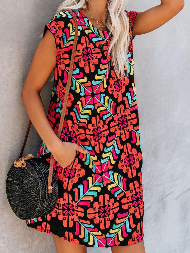 Fashion Short Sleeve Round Neck Printed Holiday Dress - Mini Dresses - INS | Online Fashion Free Shipping Clothing, Dresses, Tops, Shoes - 18/06/2021 - 20-30 - color-red