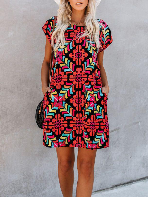 Fashion Short Sleeve Round Neck Printed Holiday Dress - Mini Dresses - INS | Online Fashion Free Shipping Clothing, Dresses, Tops, Shoes - 18/06/2021 - 20-30 - color-red