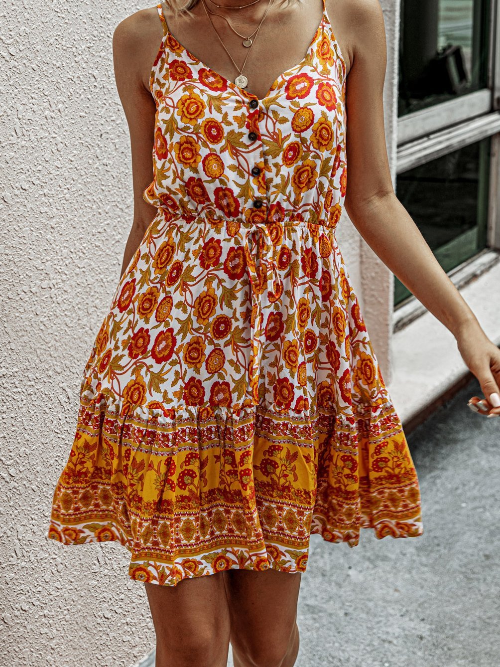 Fashion Sling Print V-neck Button Dress - Mini Dresses - INS | Online Fashion Free Shipping Clothing, Dresses, Tops, Shoes - 31/05/2021 - Color_Blue - Color_Red
