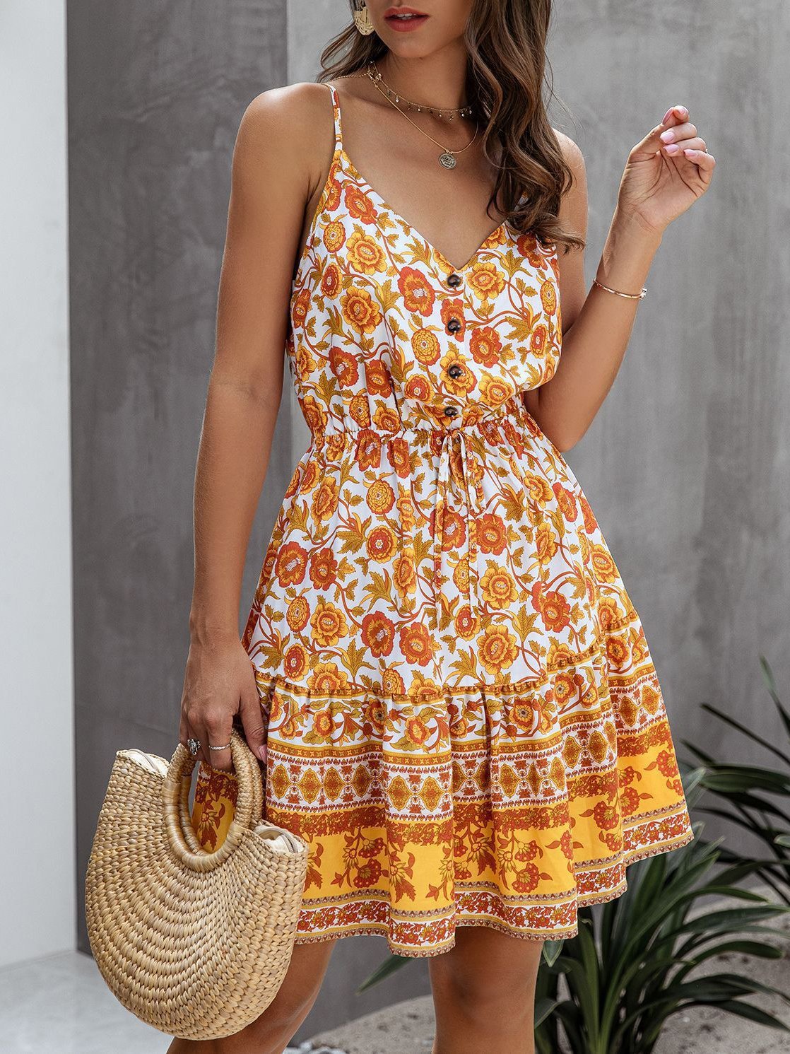 Fashion Sling Print V-neck Button Dress - Mini Dresses - INS | Online Fashion Free Shipping Clothing, Dresses, Tops, Shoes - 31/05/2021 - Color_Blue - Color_Red