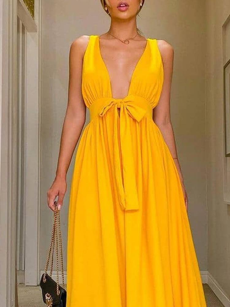 Fashion Solid Color Deep V Neck Backless Maxi Dress - Maxi Dresses - INS | Online Fashion Free Shipping Clothing, Dresses, Tops, Shoes - 20/05/2021 - Color_Yellow - DRE2105201025