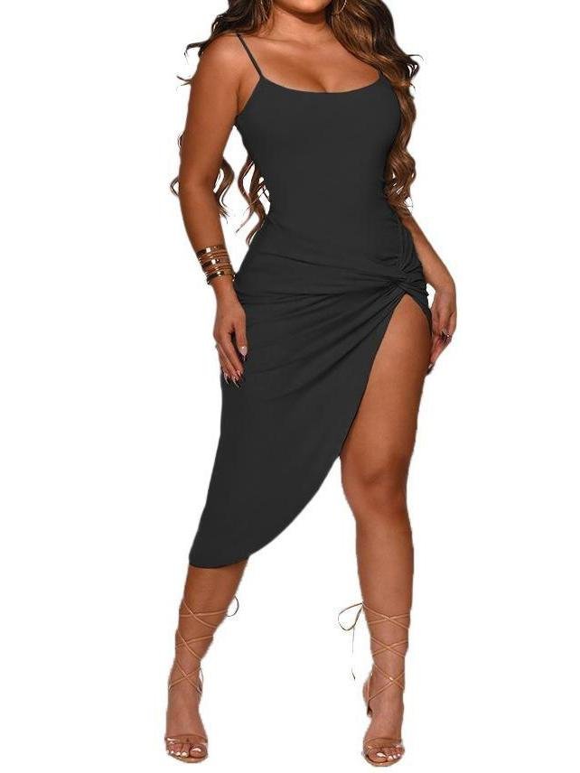 Fashion Solid Color Sling High-split Hem Midi Dress - Midi Dresses - INS | Online Fashion Free Shipping Clothing, Dresses, Tops, Shoes - 20/05/2021 - Color_Black - Color_Yellow