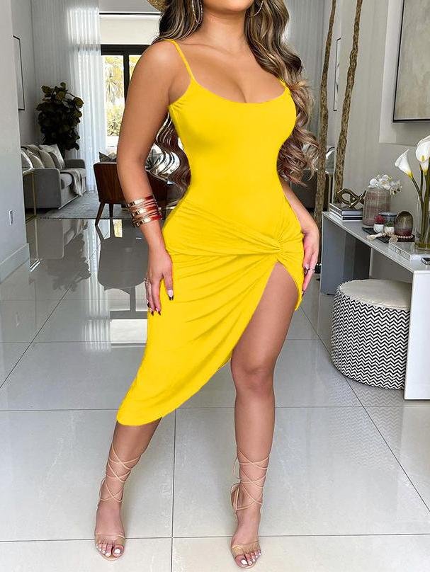 Fashion Solid Color Sling High-split Hem Midi Dress - Midi Dresses - INS | Online Fashion Free Shipping Clothing, Dresses, Tops, Shoes - 20/05/2021 - Color_Black - Color_Yellow
