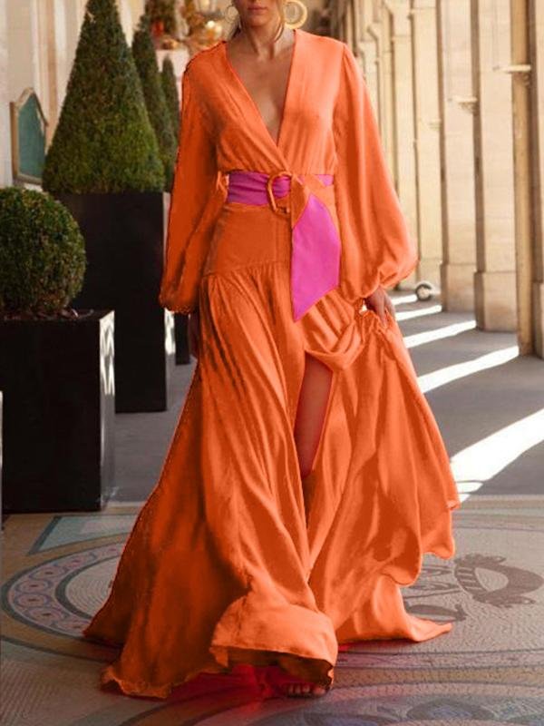 Fashion Solid Color V-neck Long-sleeved Dress - Maxi Dresses - INS | Online Fashion Free Shipping Clothing, Dresses, Tops, Shoes - 10/06/2021 - Color_Green - Color_Orange