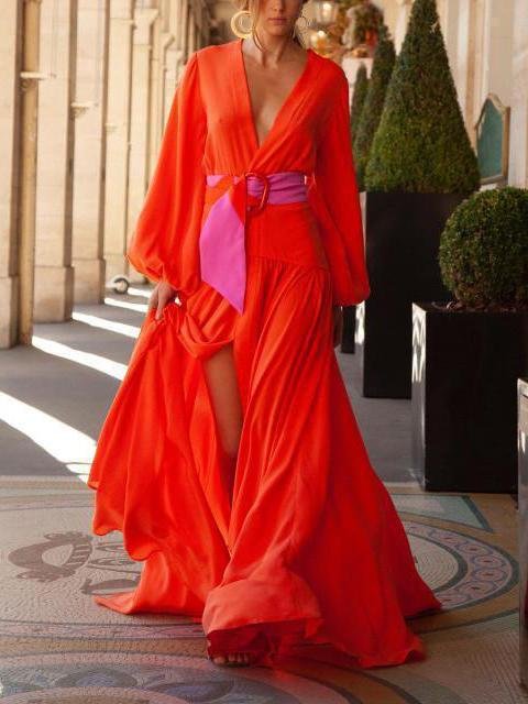 Fashion Solid Color V-neck Long-sleeved Dress - Maxi Dresses - INS | Online Fashion Free Shipping Clothing, Dresses, Tops, Shoes - 10/06/2021 - Color_Green - Color_Orange