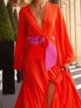 Fashion Solid Color V-neck Long-sleeved Dress - Maxi Dresses - INS | Online Fashion Free Shipping Clothing, Dresses, Tops, Shoes - 10/06/2021 - Color_Green - Color_Orange