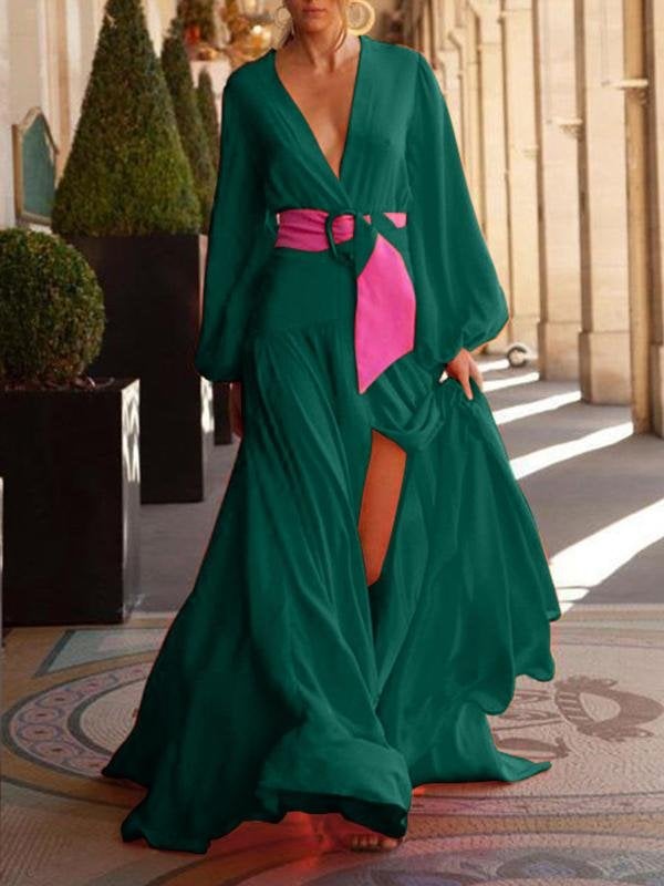 Fashion Solid Color V-neck Long-sleeved Dress - Maxi Dresses - INS | Online Fashion Free Shipping Clothing, Dresses, Tops, Shoes - 10/06/2021 - Color_Green - Color_Orange