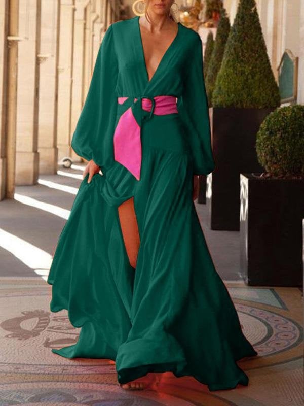Fashion Solid Color V-neck Long-sleeved Dress - Maxi Dresses - INS | Online Fashion Free Shipping Clothing, Dresses, Tops, Shoes - 10/06/2021 - Color_Green - Color_Orange
