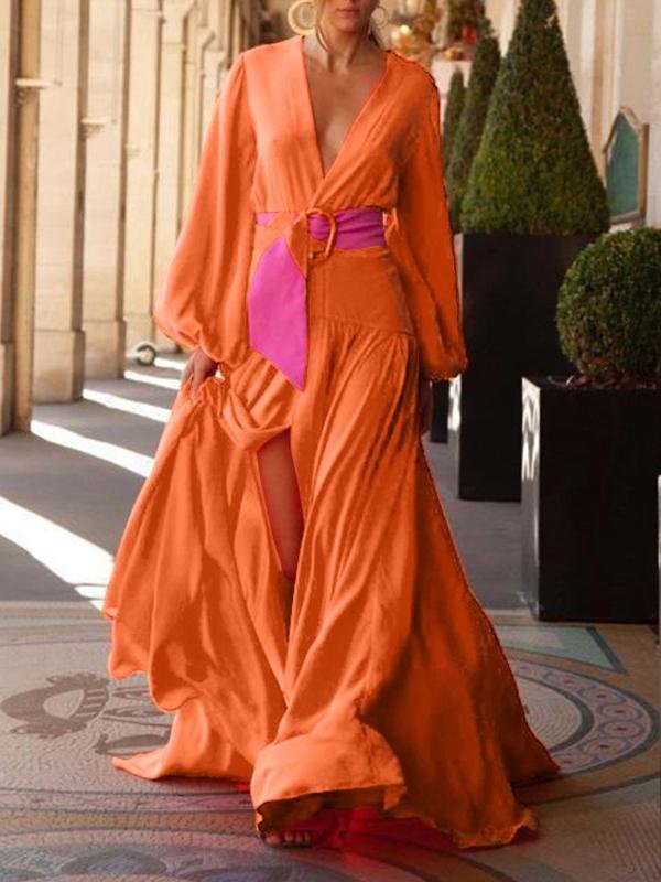 Fashion Solid Color V-neck Long-sleeved Dress - Maxi Dresses - INS | Online Fashion Free Shipping Clothing, Dresses, Tops, Shoes - 10/06/2021 - Color_Green - Color_Orange