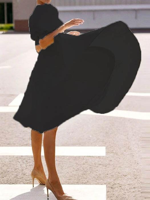 Fashion Solid Puff Mid Sleeve Big Swing Midi Dresses - Midi Dresses - INS | Online Fashion Free Shipping Clothing, Dresses, Tops, Shoes - 06/07/2021 - 30-40 - color-black