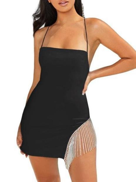 Fashion Solid Sling Split Hem Diamond Tassel Mini Dress - Mini Dresses - INS | Online Fashion Free Shipping Clothing, Dresses, Tops, Shoes - 20/05/2021 - Color_Black - Color_White