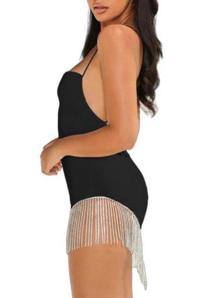 Fashion Solid Sling Split Hem Diamond Tassel Mini Dress - Mini Dresses - INS | Online Fashion Free Shipping Clothing, Dresses, Tops, Shoes - 20/05/2021 - Color_Black - Color_White