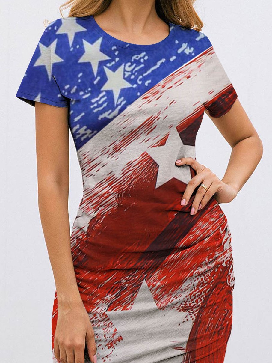 Fashion Star Print Short Sleeve Striped Skirt - Mini Dresses - INS | Online Fashion Free Shipping Clothing, Dresses, Tops, Shoes - 09/06/2021 - Color_Blue - Color_Red