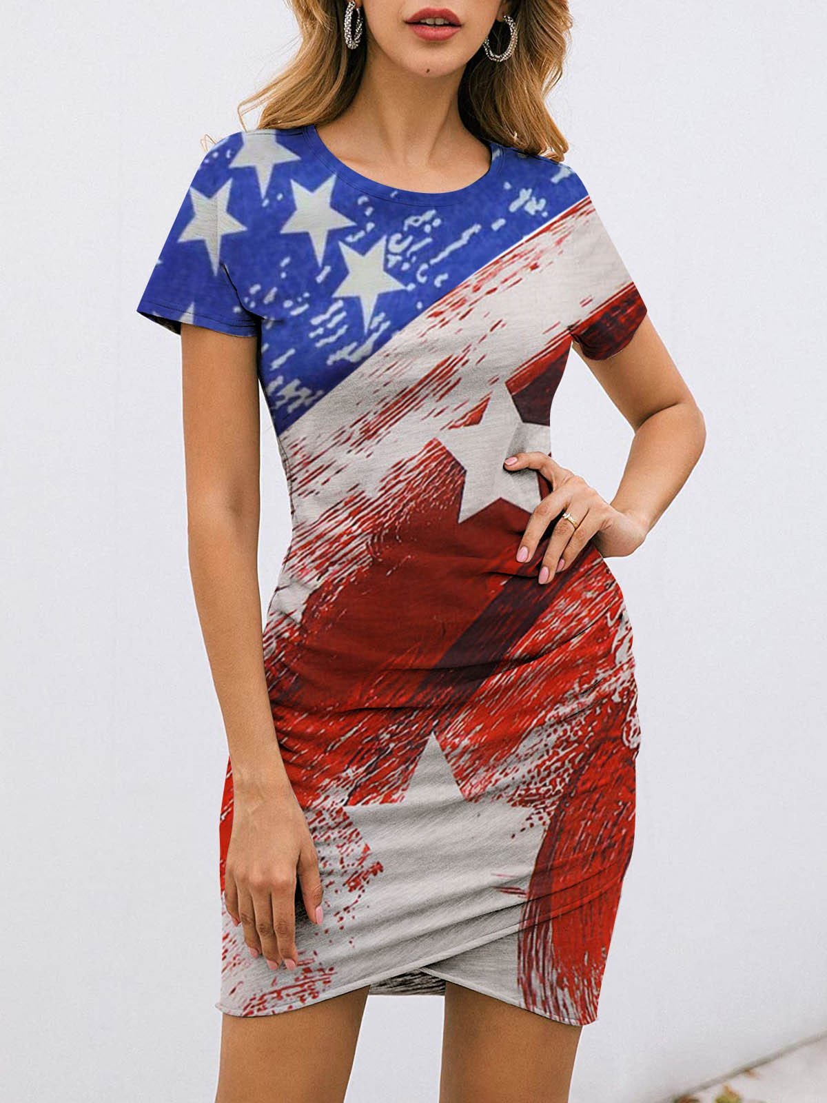 Fashion Star Print Short Sleeve Striped Skirt - Mini Dresses - INS | Online Fashion Free Shipping Clothing, Dresses, Tops, Shoes - 09/06/2021 - Color_Blue - Color_Red