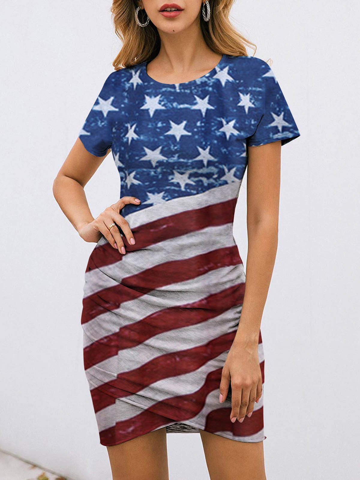 Fashion Star Print Short Sleeve Striped Skirt - Mini Dresses - INS | Online Fashion Free Shipping Clothing, Dresses, Tops, Shoes - 09/06/2021 - Color_Blue - Color_Red