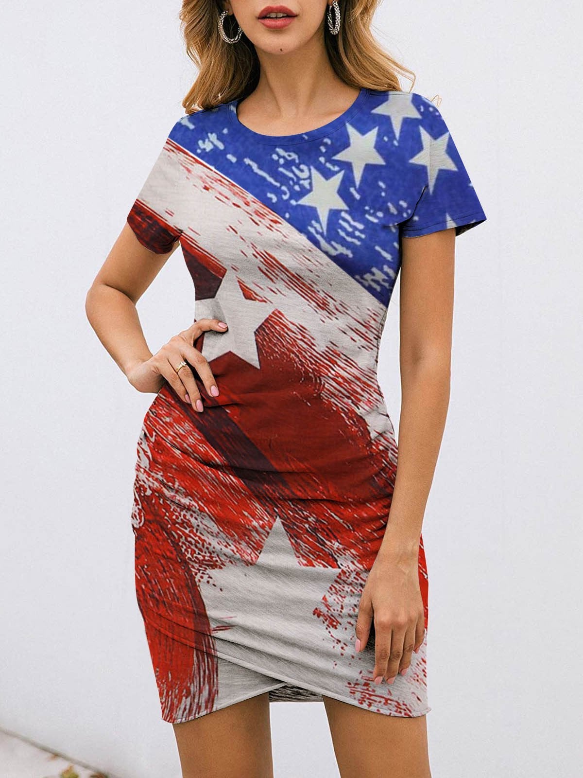 Fashion Star Print Short Sleeve Striped Skirt - Mini Dresses - INS | Online Fashion Free Shipping Clothing, Dresses, Tops, Shoes - 09/06/2021 - Color_Blue - Color_Red