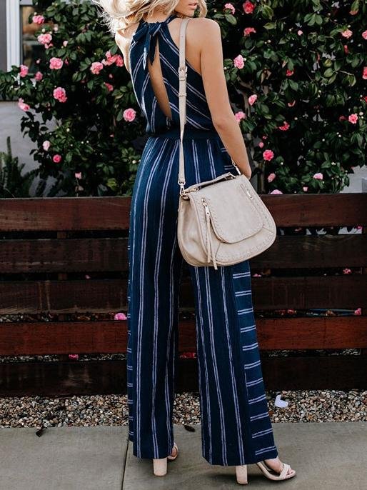 Fashion Striped V-neck Halterneck Jumpsuit - Jumpsuit & Rompers - INS | Online Fashion Free Shipping Clothing, Dresses, Tops, Shoes - 16/06/2021 - 30-40 - Bottoms