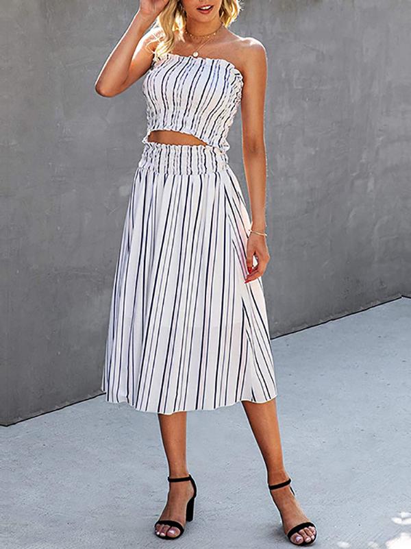 Fashion Stripes Sleeveless Crop Top & Skirt Set - Two-piece Outfits - INS | Online Fashion Free Shipping Clothing, Dresses, Tops, Shoes - 24/05/2021 - Color_Blue - Color_White