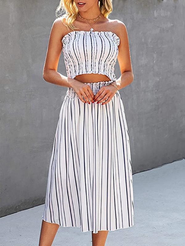 Fashion Stripes Sleeveless Crop Top & Skirt Set - Two-piece Outfits - INS | Online Fashion Free Shipping Clothing, Dresses, Tops, Shoes - 24/05/2021 - Color_Blue - Color_White