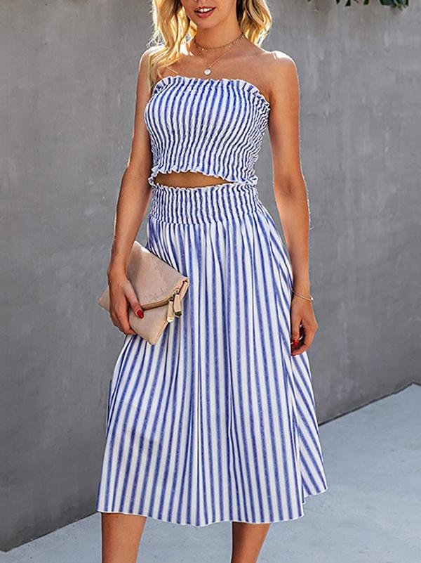 Fashion Stripes Sleeveless Crop Top & Skirt Set - Two-piece Outfits - INS | Online Fashion Free Shipping Clothing, Dresses, Tops, Shoes - 24/05/2021 - Color_Blue - Color_White