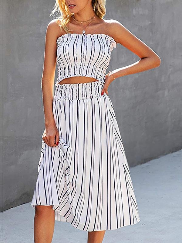 Fashion Stripes Sleeveless Crop Top & Skirt Set - Two-piece Outfits - INS | Online Fashion Free Shipping Clothing, Dresses, Tops, Shoes - 24/05/2021 - Color_Blue - Color_White