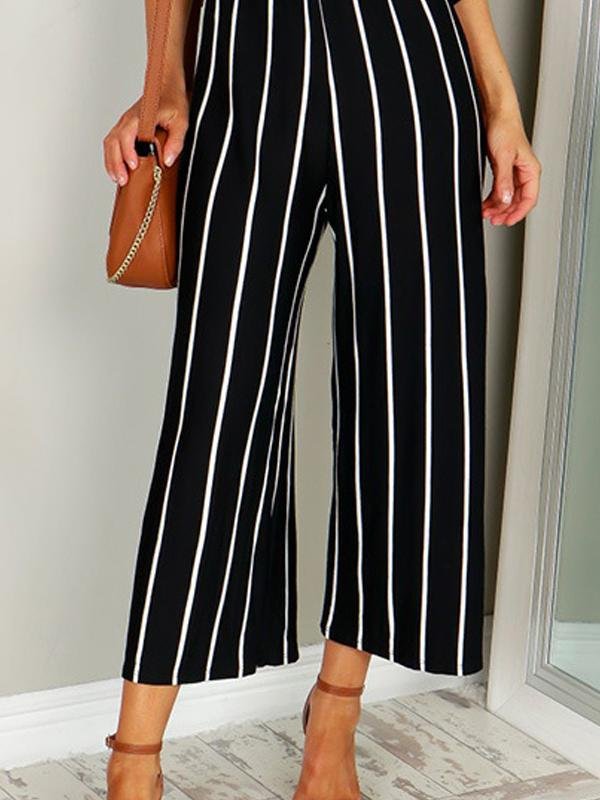 Fashion Stripes V Neck Short Sleeve Jumpsuit - Jumpsuits - INS | Online Fashion Free Shipping Clothing, Dresses, Tops, Shoes - 24/05/2021 - Color_Black - Color_White