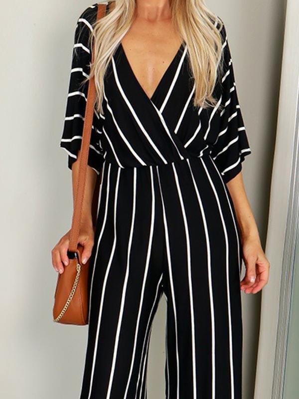 Fashion Stripes V Neck Short Sleeve Jumpsuit - Jumpsuits - INS | Online Fashion Free Shipping Clothing, Dresses, Tops, Shoes - 24/05/2021 - Color_Black - Color_White