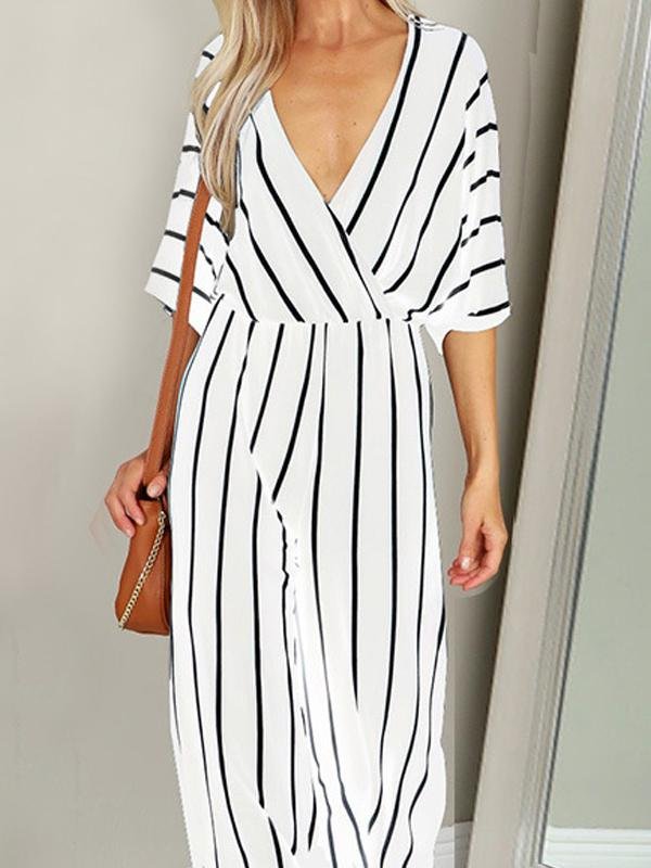 Fashion Stripes V Neck Short Sleeve Jumpsuit - Jumpsuits - INS | Online Fashion Free Shipping Clothing, Dresses, Tops, Shoes - 24/05/2021 - Color_Black - Color_White