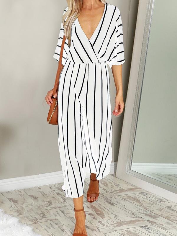 Fashion Stripes V Neck Short Sleeve Jumpsuit - Jumpsuits - INS | Online Fashion Free Shipping Clothing, Dresses, Tops, Shoes - 24/05/2021 - Color_Black - Color_White