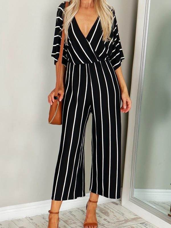 Fashion Stripes V Neck Short Sleeve Jumpsuit - Jumpsuits - INS | Online Fashion Free Shipping Clothing, Dresses, Tops, Shoes - 24/05/2021 - Color_Black - Color_White