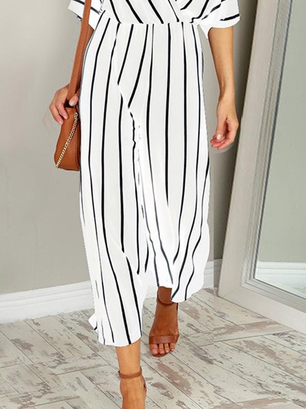 Fashion Stripes V Neck Short Sleeve Jumpsuit - Jumpsuits - INS | Online Fashion Free Shipping Clothing, Dresses, Tops, Shoes - 24/05/2021 - Color_Black - Color_White