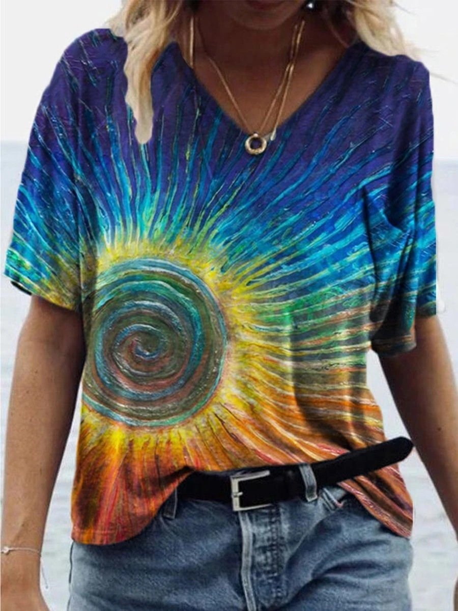 Fashion Sun Print V-neck T-shirt - T-shirts - INS | Online Fashion Free Shipping Clothing, Dresses, Tops, Shoes - 08/06/2021 - Color_Blue - Color_Green