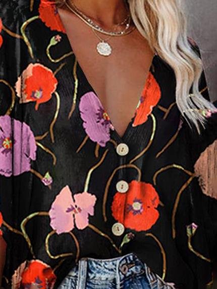 Fashion V-neck Bat Sleeve Floral Print Blouse - Blouses - INS | Online Fashion Free Shipping Clothing, Dresses, Tops, Shoes - 12/07/2021 - 20-30 - BLO2107121184