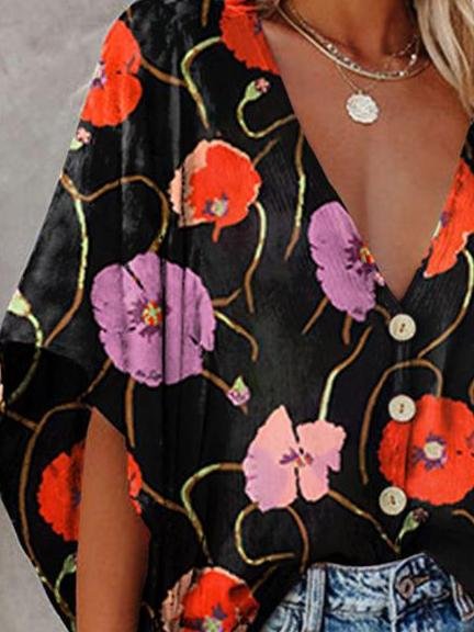Fashion V-neck Bat Sleeve Floral Print Blouse - Blouses - INS | Online Fashion Free Shipping Clothing, Dresses, Tops, Shoes - 12/07/2021 - 20-30 - BLO2107121184