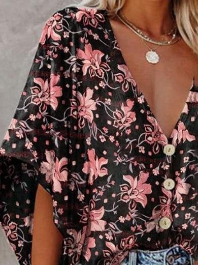 Fashion V-neck Bat Sleeve Floral Print Blouse - Blouses - INS | Online Fashion Free Shipping Clothing, Dresses, Tops, Shoes - 12/07/2021 - 20-30 - BLO2107121184