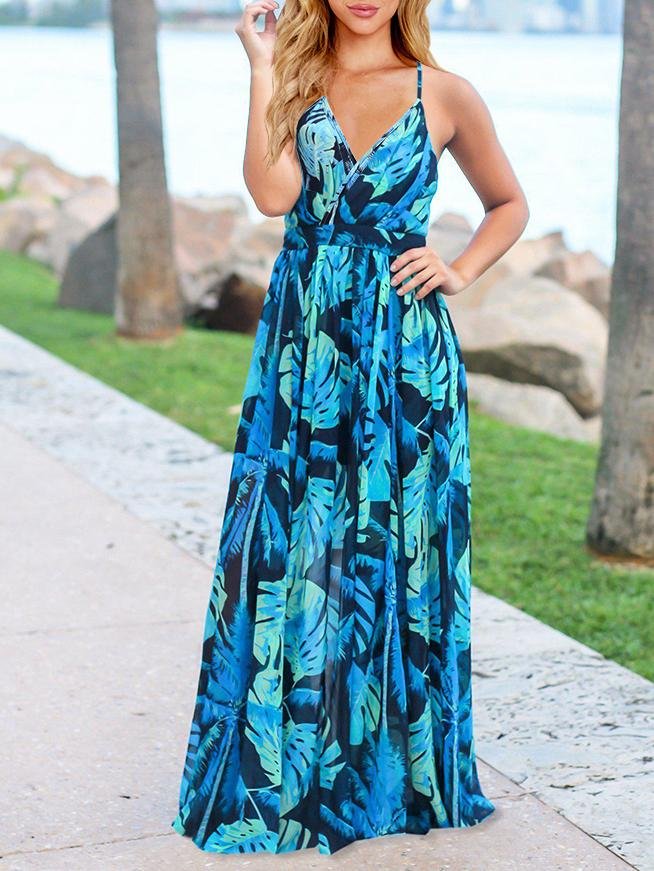 Fashion V-neck Bohemian Floral Sling Long Skirt - Maxi Dresses - INS | Online Fashion Free Shipping Clothing, Dresses, Tops, Shoes - 09/06/2021 - Color_Black - Color_Blue