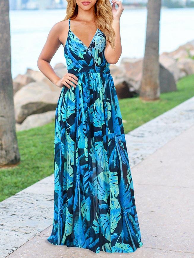 Fashion V-neck Bohemian Floral Sling Long Skirt - Maxi Dresses - INS | Online Fashion Free Shipping Clothing, Dresses, Tops, Shoes - 09/06/2021 - Color_Black - Color_Blue