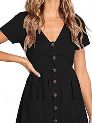 Fashion V-neck Button Pocket Short Sleeve Dress - Mini Dresses - INS | Online Fashion Free Shipping Clothing, Dresses, Tops, Shoes - 01/06/2021 - Color_Black - Color_Blue